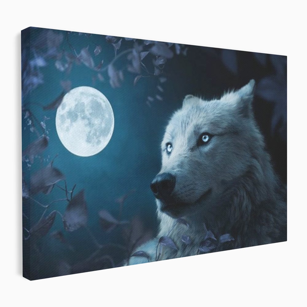 Tablou canvas cu tablou canvas cu lup si luna plina, fara rama, pe sasiu de lemn